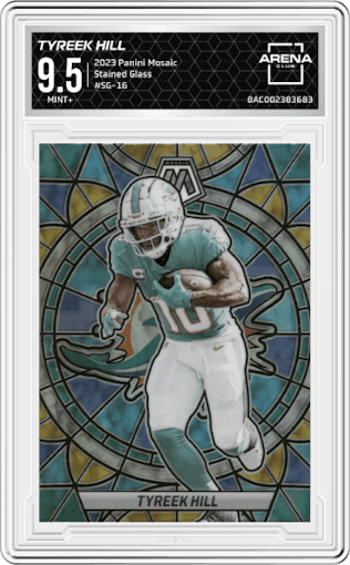 Tyreek Hill from the 2023 Panini Mosaic set graded by Arena Club and given an overall grade of 9.5.