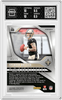 Spencer Rattler from the 2024 Panini Prizm set featuring a Green Scope parallel graded by Arena Club and given an overall grade of 9.