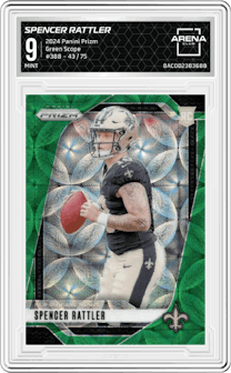 Spencer Rattler from the 2024 Panini Prizm set featuring a Green Scope parallel graded by Arena Club and given an overall grade of 9.