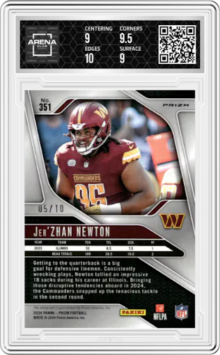 Jer’Zhan Newton from the 2024 Panini Prizm set featuring a No Huddle Gold Prizm parallel graded by Arena Club and given an overall grade of 9.5.