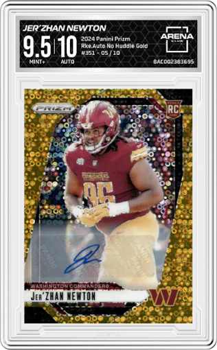 Jer’Zhan Newton from the 2024 Panini Prizm set featuring a No Huddle Gold Prizm parallel graded by Arena Club and given an overall grade of 9.5.