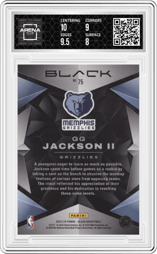 GG Jackson II from the 2023-24 Panini Black set featuring a Platinum parallel graded by Arena Club and given an overall grade of 8.5.