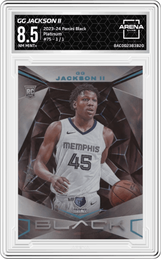 GG Jackson II from the 2023-24 Panini Black set featuring a Platinum parallel graded by Arena Club and given an overall grade of 8.5.