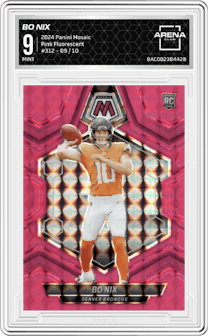 Bo Nix from the 2024 Panini Mosaic set featuring a Pink Fluorescent parallel graded by Arena Club and given an overall grade of 9.