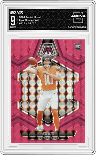 Bo Nix from the 2024 Panini Mosaic set featuring a Pink Fluorescent parallel graded by Arena Club and given an overall grade of 9.