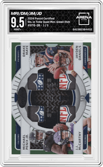Michael Penix Jr./Drake Maye/J.J. McCarthy/Jayden Daniels from the 2024 Panini Certified set featuring a Mirror Green Etch parallel graded by Arena Club and given an overall grade of 9.5.