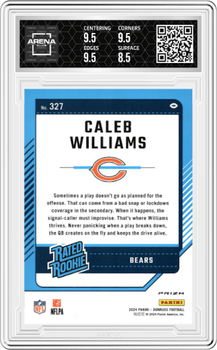 Caleb Williams from the 2024 Donruss set featuring a Red and Green parallel graded by Arena Club and given an overall grade of 9.