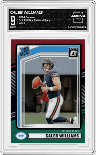 Caleb Williams from the 2024 Donruss set featuring a Red and Green parallel graded by Arena Club and given an overall grade of 9.