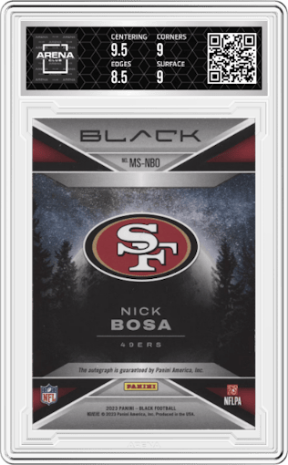 Nick Bosa from the 2023 Panini Black set featuring a Emerald parallel graded by Arena Club and given an overall grade of 9.
