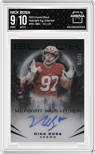 Nick Bosa from the 2023 Panini Black set featuring a Emerald parallel graded by Arena Club and given an overall grade of 9.