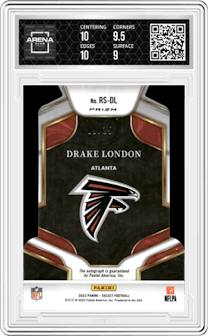 Drake London from the 2022 Panini Select set featuring a Tie-Dye parallel graded by Arena Club and given an overall grade of 9.5.