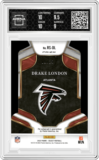 Drake London from the 2022 Panini Select set featuring a Tie-Dye parallel graded by Arena Club and given an overall grade of 9.5.