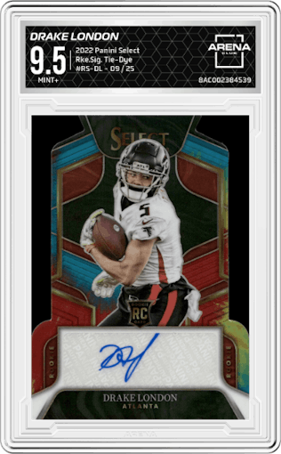 Drake London from the 2022 Panini Select set featuring a Tie-Dye parallel graded by Arena Club and given an overall grade of 9.5.