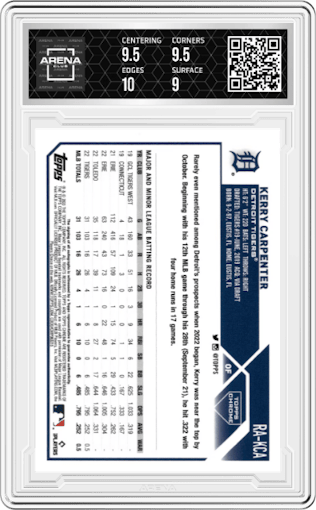 Kerry Carpenter from the 2023 Topps Chrome set featuring a Blue Refractor parallel graded by Arena Club and given an overall grade of 9.5.