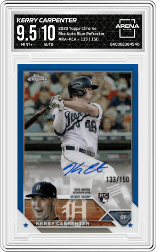 Kerry Carpenter from the 2023 Topps Chrome set featuring a Blue Refractor parallel graded by Arena Club and given an overall grade of 9.5.