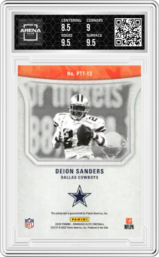 Deion Sanders from the 2022 Panini Donruss Elite set graded by Arena Club and given an overall grade of 9.