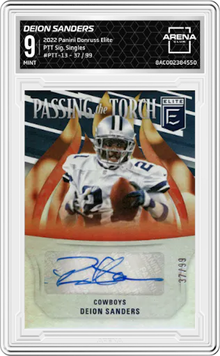 Deion Sanders from the 2022 Panini Donruss Elite set graded by Arena Club and given an overall grade of 9.