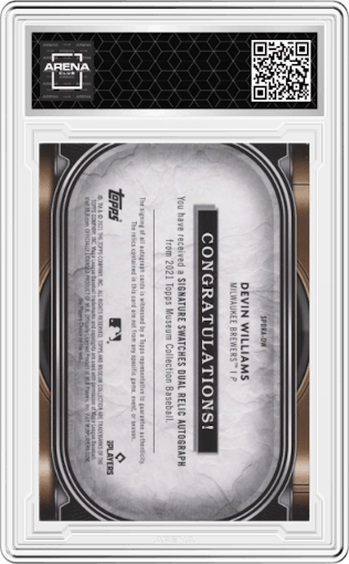 Devin Williams from the 2021 Topps Museum Collection set featuring a Copper parallel graded by Arena Club.