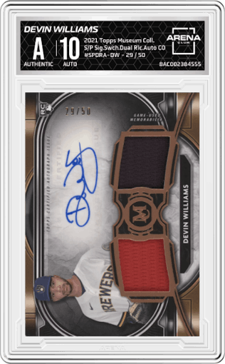 Devin Williams from the 2021 Topps Museum Collection set featuring a Copper parallel graded by Arena Club.