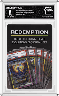 Redemption from the Terastal Festival Eevee set graded by Arena Club and given an overall grade of 0.