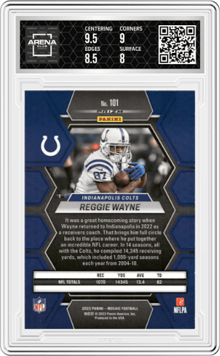 Reggie Wayne from the 2023 Panini Mosaic set featuring a  Genesis parallel graded by Arena Club and given an overall grade of 8.5.