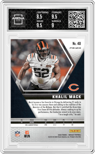 Khalil Mack from the 2020 Panini Mosaic set featuring a Genesis parallel graded by Arena Club and given an overall grade of 9.