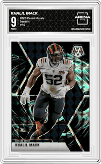 Khalil Mack from the 2020 Panini Mosaic set featuring a Genesis parallel graded by Arena Club and given an overall grade of 9.