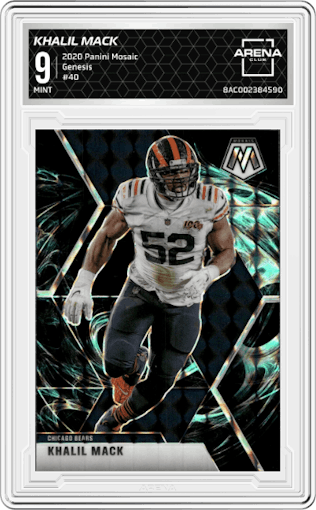 Khalil Mack from the 2020 Panini Mosaic set featuring a Genesis parallel graded by Arena Club and given an overall grade of 9.