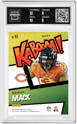 Khalil Mack from the 2021 Panini Absolute set graded by Arena Club and given an overall grade of 8.5.