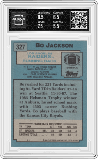 Bo Jackson from the 1988 Topps set graded by Arena Club and given an overall grade of 6.
