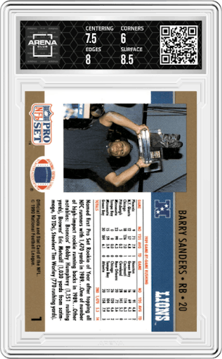 Barry Sanders from the 1990 Pro Set set graded by Arena Club and given an overall grade of 6.5.