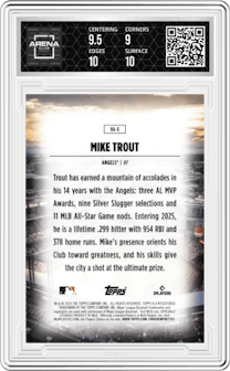 Mike Trout from the 2025 Topps set graded by Arena Club and given an overall grade of 9.5.