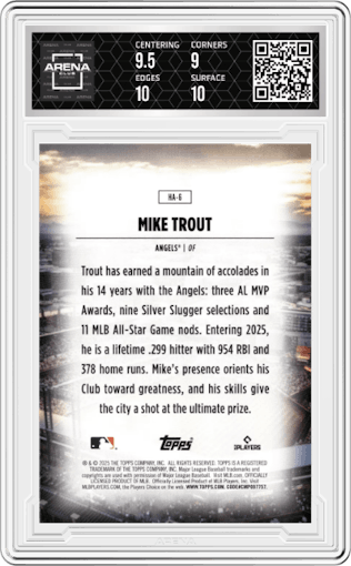 Mike Trout from the 2025 Topps set graded by Arena Club and given an overall grade of 9.5.