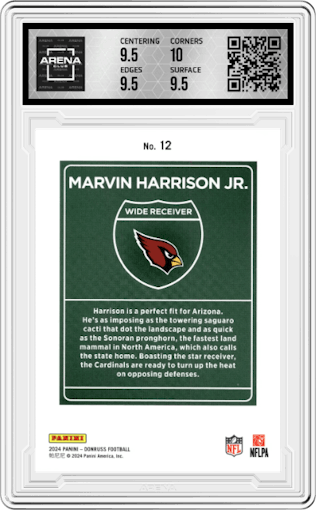 Marvin Harrison Jr.	 from the 2024 Donruss set graded by Arena Club and given an overall grade of 10.