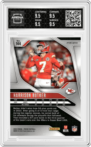 Harrison Butker from the 2024 Panini Prizm set featuring a Choice Tiger Stripe Prizm parallel graded by Arena Club and given an overall grade of 9.5.