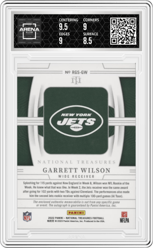 Garrett Wilson from the 2022 Panini National Treasures set featuring a Holo Silver parallel graded by Arena Club and given an overall grade of 9.
