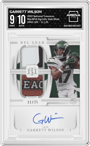 Garrett Wilson from the 2022 Panini National Treasures set featuring a Holo Silver parallel graded by Arena Club and given an overall grade of 9.