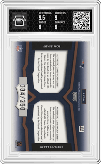 Tom Brady/Kerry Collins from the 2003 Playoff Prestige set graded by Arena Club and given an overall grade of 9.