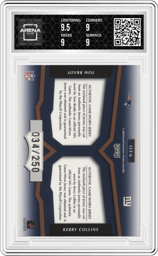 Tom Brady/Kerry Collins from the 2003 Playoff Prestige set graded by Arena Club and given an overall grade of 9.