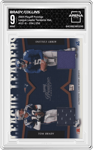 Tom Brady/Kerry Collins from the 2003 Playoff Prestige set graded by Arena Club and given an overall grade of 9.
