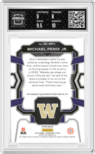 Michael Penix Jr.  from the 2024 Panini Prizm Draft Picks set featuring a Red Prizm  parallel graded by Arena Club and given an overall grade of 8.5.
