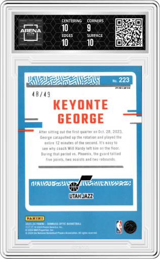 Keyonte George from the 2023-24 Donruss Optic set featuring a Green Velocity parallel graded by Arena Club and given an overall grade of 9.5.