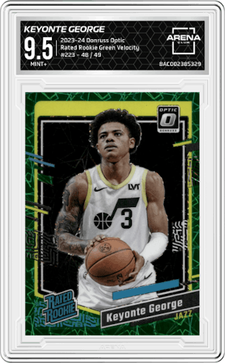 Keyonte George from the 2023-24 Donruss Optic set featuring a Green Velocity parallel graded by Arena Club and given an overall grade of 9.5.