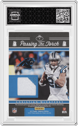 Jonathan Stewart/Christian McCaffrey from the 2017 Panini Donruss set featuring a Prime parallel graded by Arena Club.