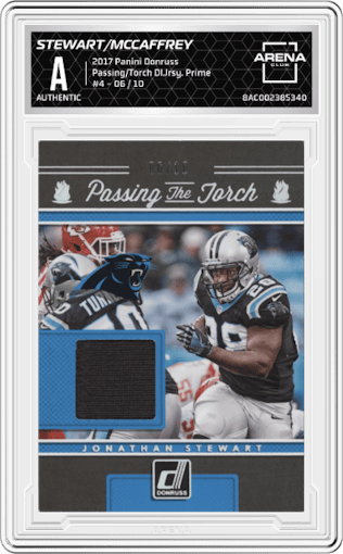 Jonathan Stewart/Christian McCaffrey from the 2017 Panini Donruss set featuring a Prime parallel graded by Arena Club.