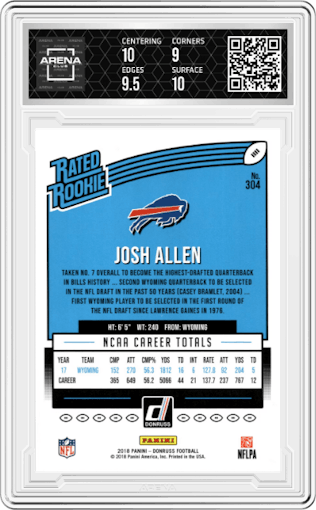 Josh Allen from the 2018 Panini Donruss set graded by Arena Club and given an overall grade of 9.5.