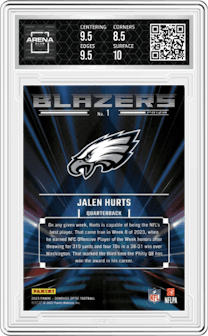 Jalen Hurts from the 2023 Donruss Optic set graded by Arena Club and given an overall grade of 9.