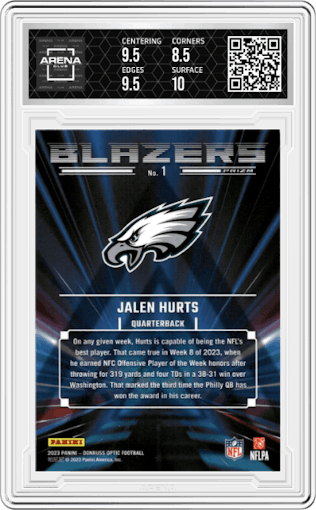Jalen Hurts from the 2023 Donruss Optic set graded by Arena Club and given an overall grade of 9.