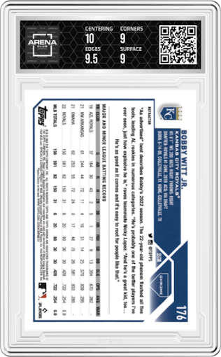  Bobby Witt Jr. from the 2023 Topps Chrome set featuring a Refractor parallel graded by Arena Club and given an overall grade of 9.5.