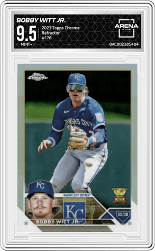  Bobby Witt Jr. from the 2023 Topps Chrome set featuring a Refractor parallel graded by Arena Club and given an overall grade of 9.5.